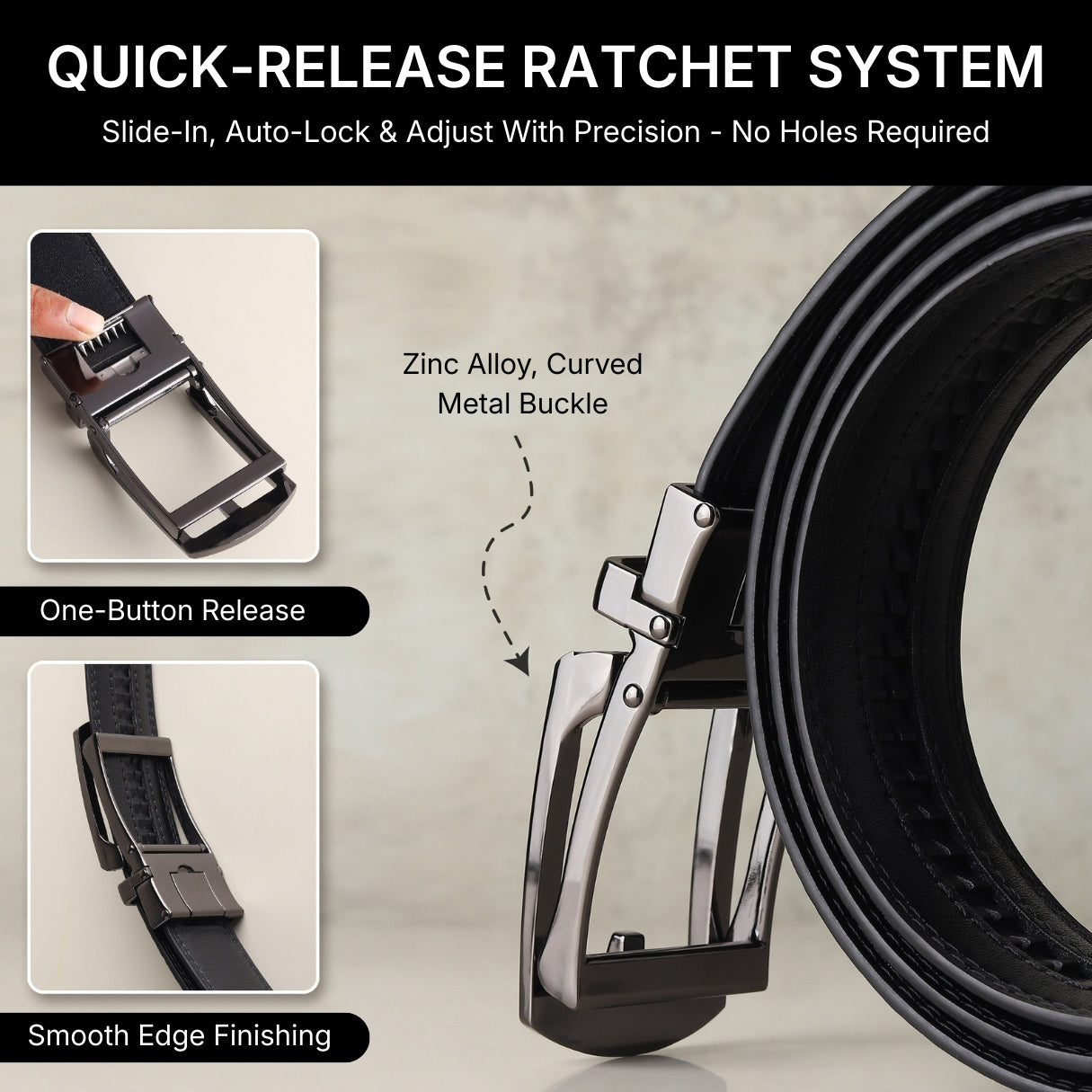 Hayes London | Vanguard Auto-Lock No-Hole Genuine Leather Belt for Men – Micro-Adjustable Smart Ratchet Belt for Formal, Office & Casual Wear (Plain Black Leather & Grey Buckle)