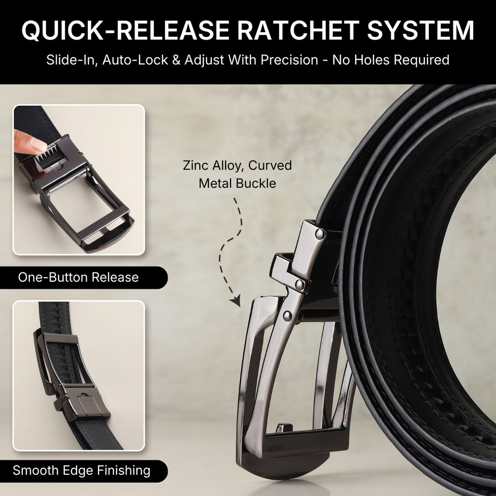 Hayes London | Vanguard Auto-Lock No-Hole Genuine Leather Belt for Men – Micro-Adjustable Smart Ratchet Belt for Formal, Office & Casual Wear (Plain Black Leather & Grey Buckle)