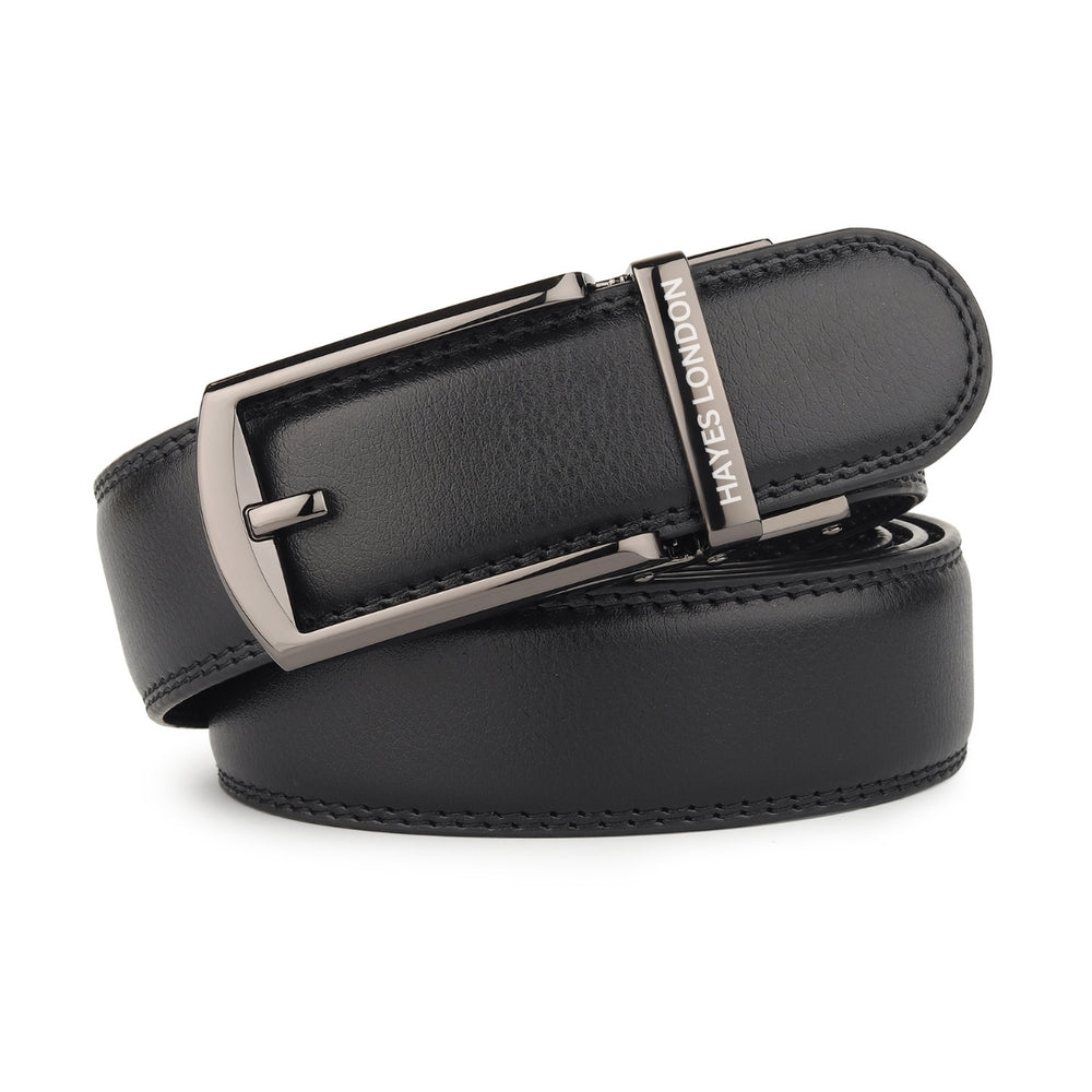 Hayes London | Vanguard Auto-Lock No-Hole Genuine Leather Belt for Men – Micro-Adjustable Smart Ratchet Belt for Formal, Office & Casual Wear (Plain Black Leather & Grey Buckle)