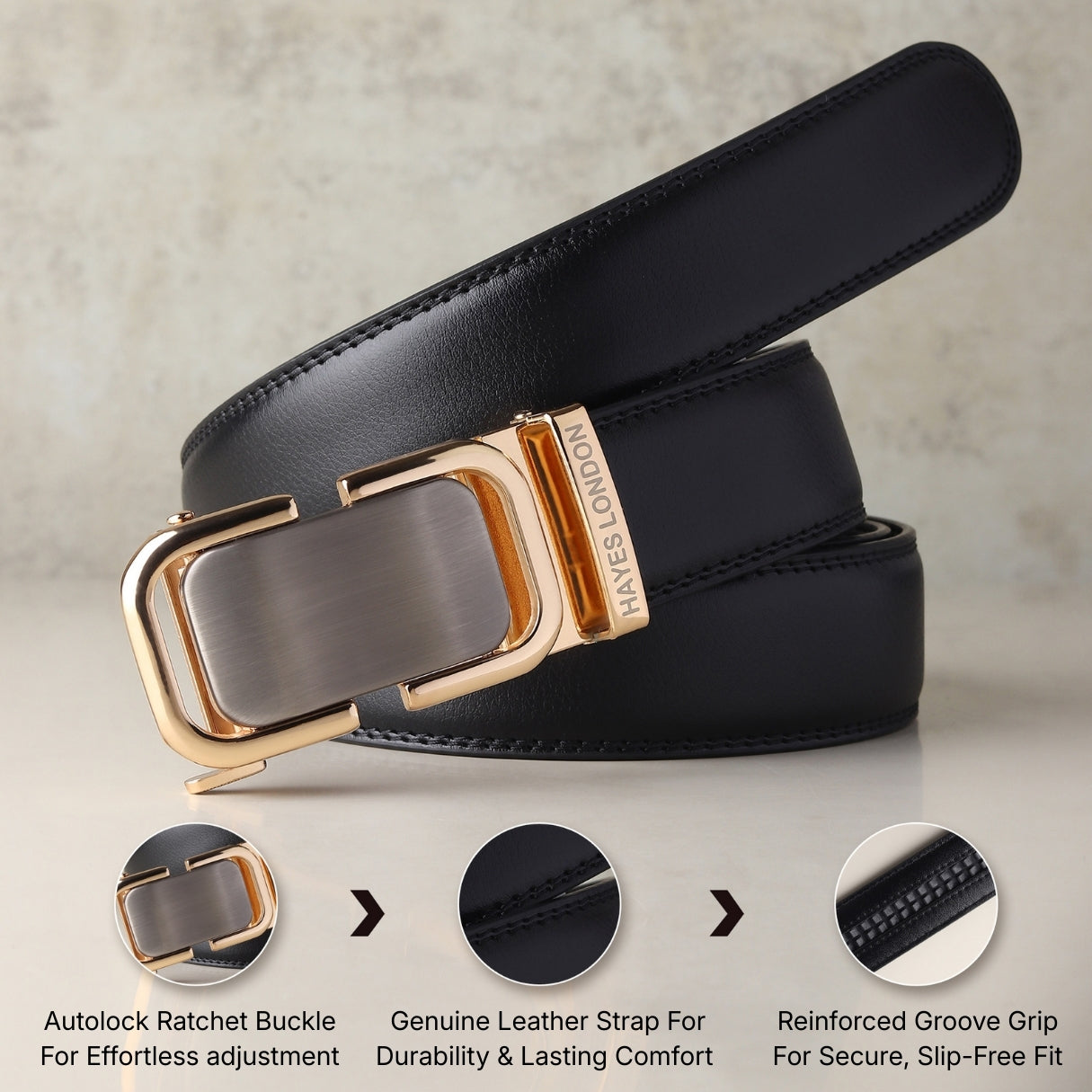 Hayes London | Vanguard Auto-Lock No-Hole Genuine Leather Belt for Men – Micro-Adjustable Smart Ratchet Belt for Formal, Office & Casual Wear (Plain Black Leather & Gold Buckle)