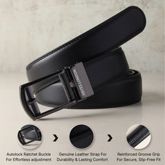 Hayes London | Vanguard Auto-Lock No-Hole Genuine Leather Belt for Men – Micro-Adjustable Smart Ratchet Belt for Formal, Office & Casual Wear (Plain Black Leather & Grey Buckle)