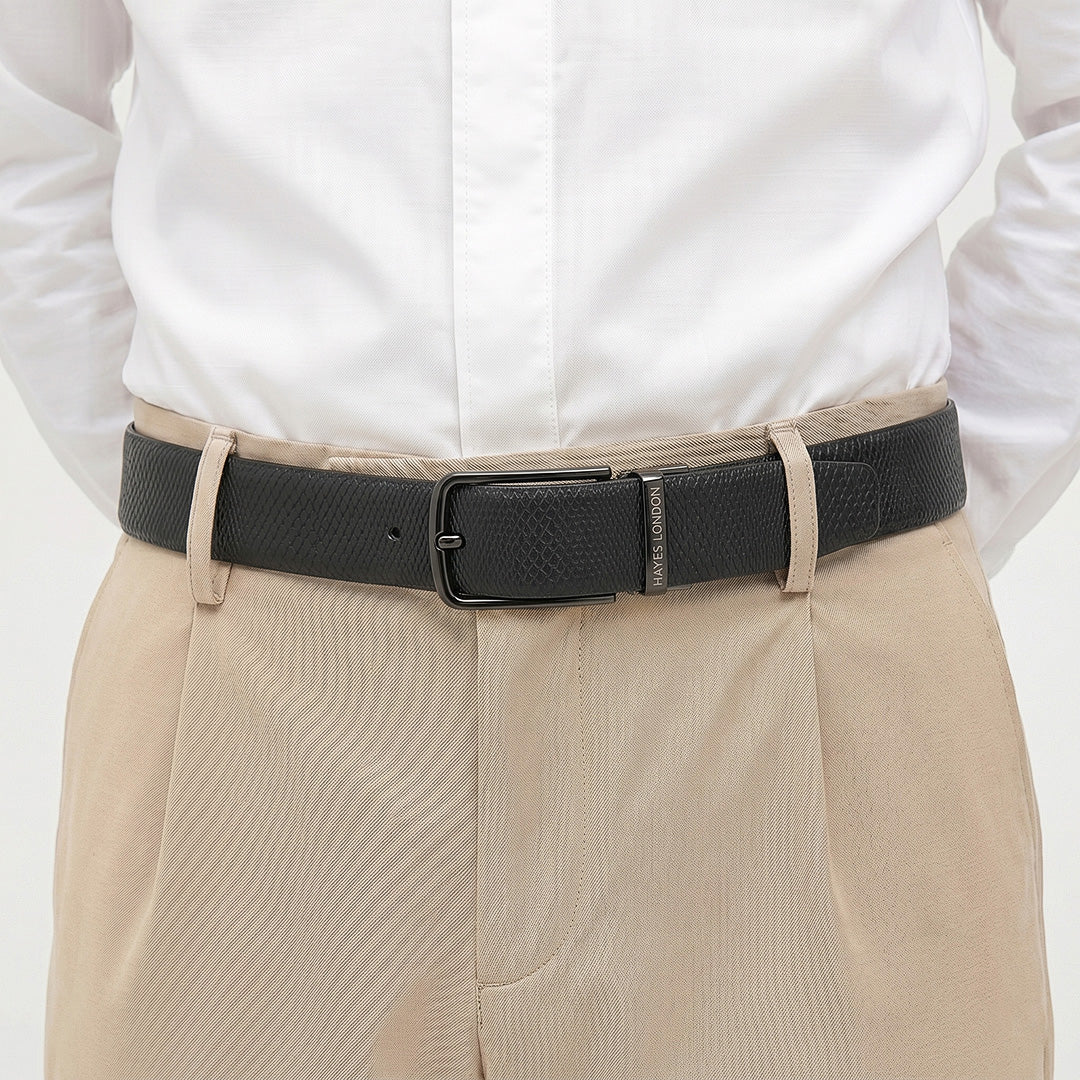 Hayes London | Italian Leather Reversible Black & Brown Belt For Men (Leather Texture: Viper)