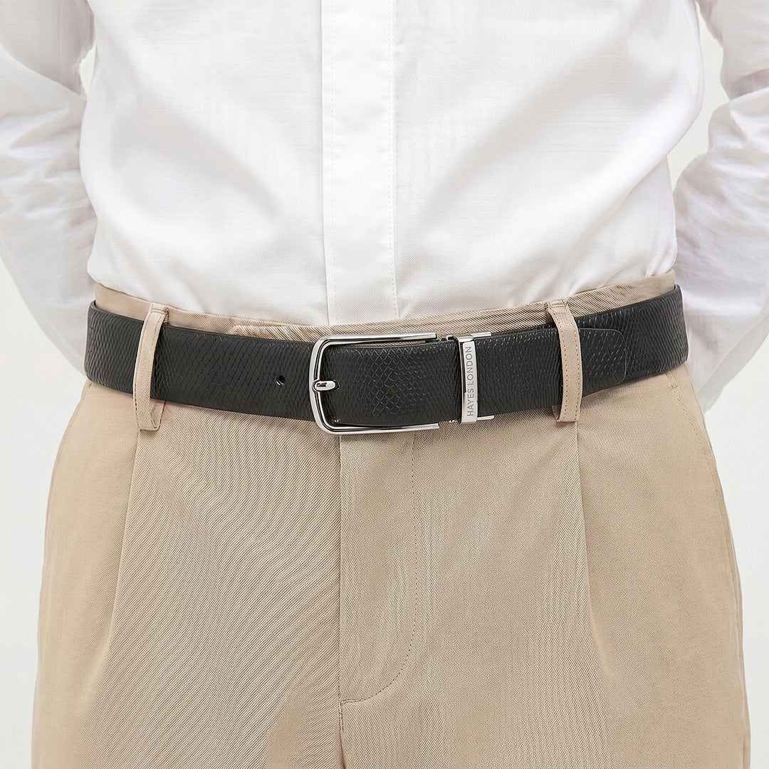 Hayes London | Italian Leather Reversible Black & Brown Belt For Men (Leather Texture: Viper)