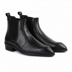 Hayes London | Kingsley Cuban Heel Boots – Black Textured Genuine Leather Men’s Boots (2.5-Inch Heel & Tapered Toe Design)