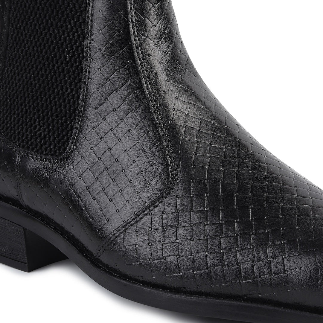 Hayes London | Kingsley Cuban Heel Boots – Black Textured Genuine Leather Men’s Boots (2.5-Inch Heel & Tapered Toe Design)