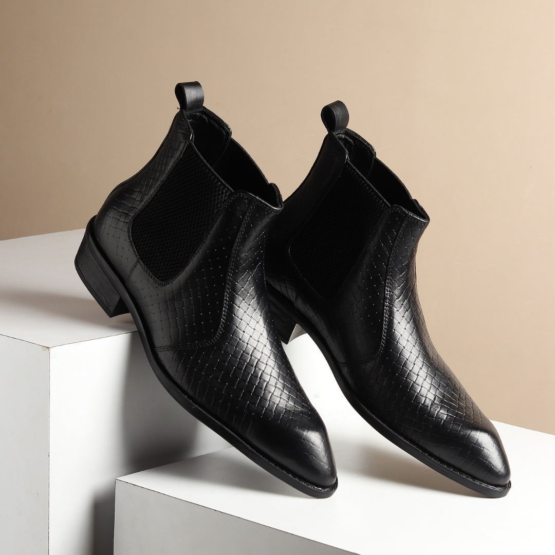 Hayes London | Kingsley Cuban Heel Boots – Black Textured Genuine Leather Men’s Boots (2.5-Inch Heel & Tapered Toe Design)