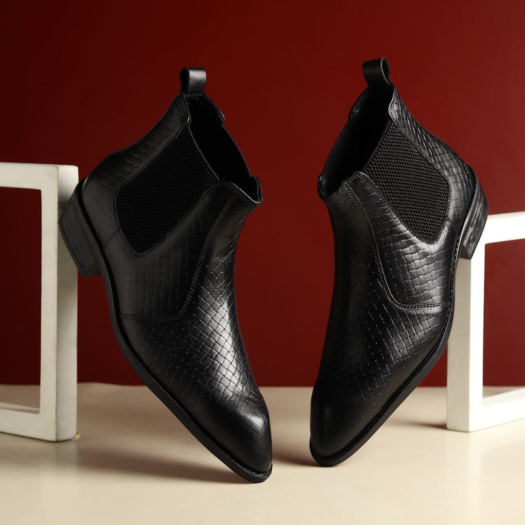 Hayes London | Kingsley Cuban Heel Boots – Black Textured Genuine Leather Men’s Boots (2.5-Inch Heel & Tapered Toe Design)