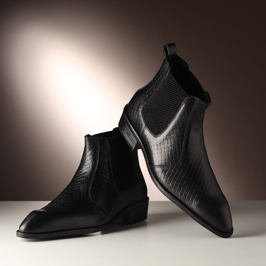 Hayes London | Kingsley Cuban Heel Boots – Black Textured Genuine Leather Men’s Boots (2.5-Inch Heel & Tapered Toe Design)
