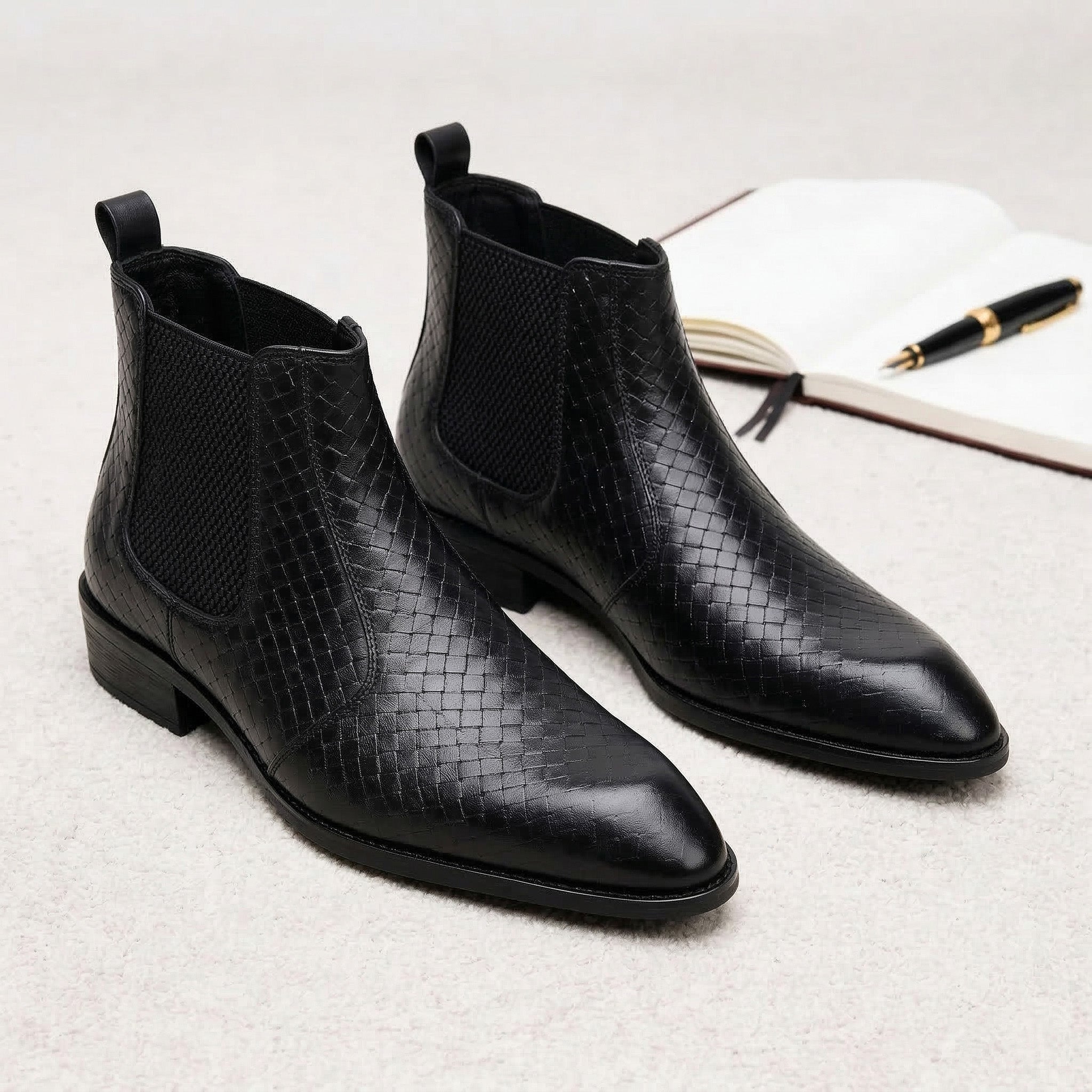 Hayes London | Kingsley Cuban Heel Boots – Black Textured Genuine Leather Men’s Boots (2.5-Inch Heel & Tapered Toe Design)