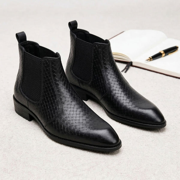 Hayes London | Kingsley Cuban Heel Boots – Black Textured Genuine Leather Men’s Boots (2.5-Inch Heel & Tapered Toe Design)