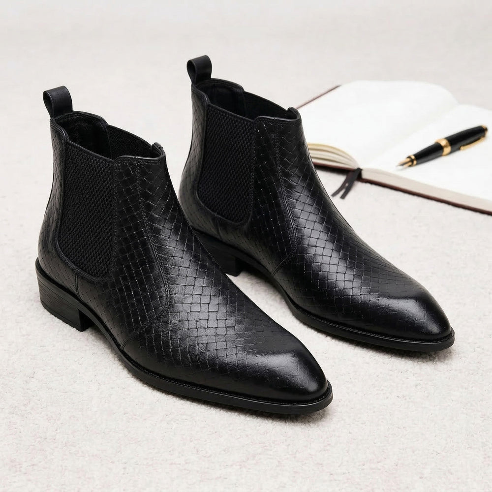 Hayes London | Kingsley Cuban Heel Boots – Black Textured Genuine Leather Men’s Boots (2.5-Inch Heel & Tapered Toe Design)