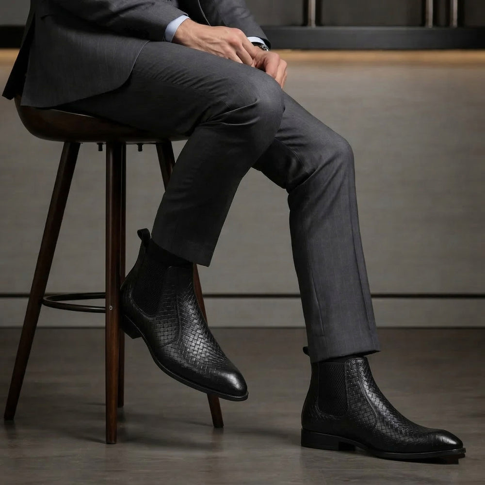 Hayes London | Kingsley Cuban Heel Boots – Black Textured Genuine Leather Men’s Boots (2.5-Inch Heel & Tapered Toe Design)