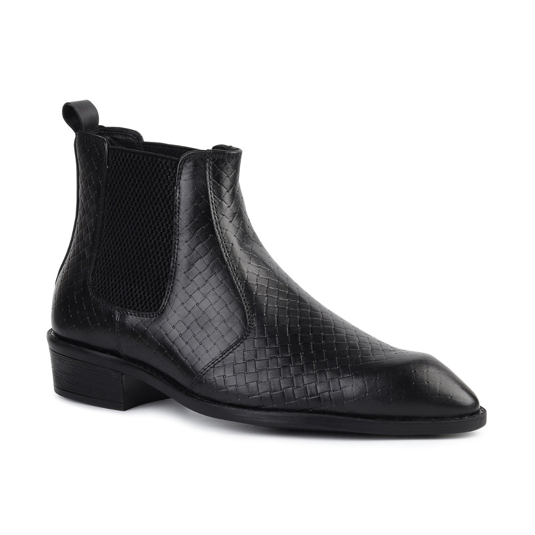 Hayes London | Kingsley Cuban Heel Boots – Black Textured Genuine Leather Men’s Boots (2.5-Inch Heel & Tapered Toe Design)