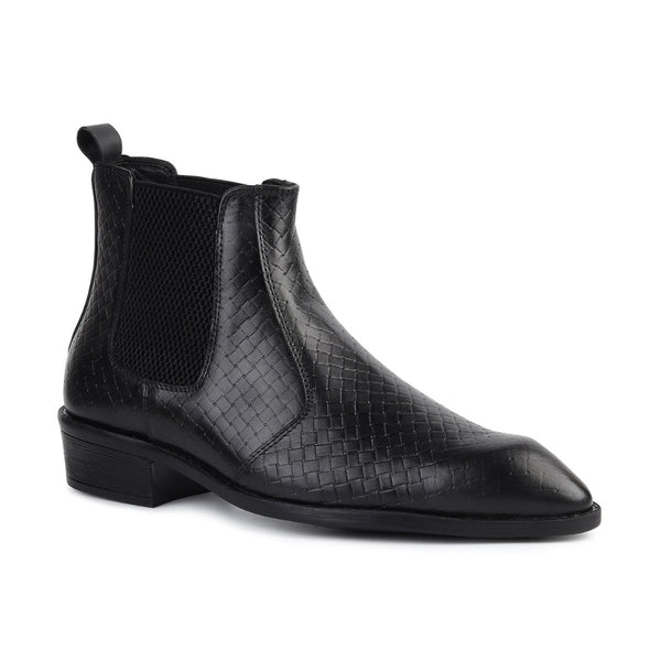 Hayes London | Kingsley Cuban Heel Boots – Black Textured Genuine Leather Men’s Boots (2.5-Inch Heel & Tapered Toe Design)