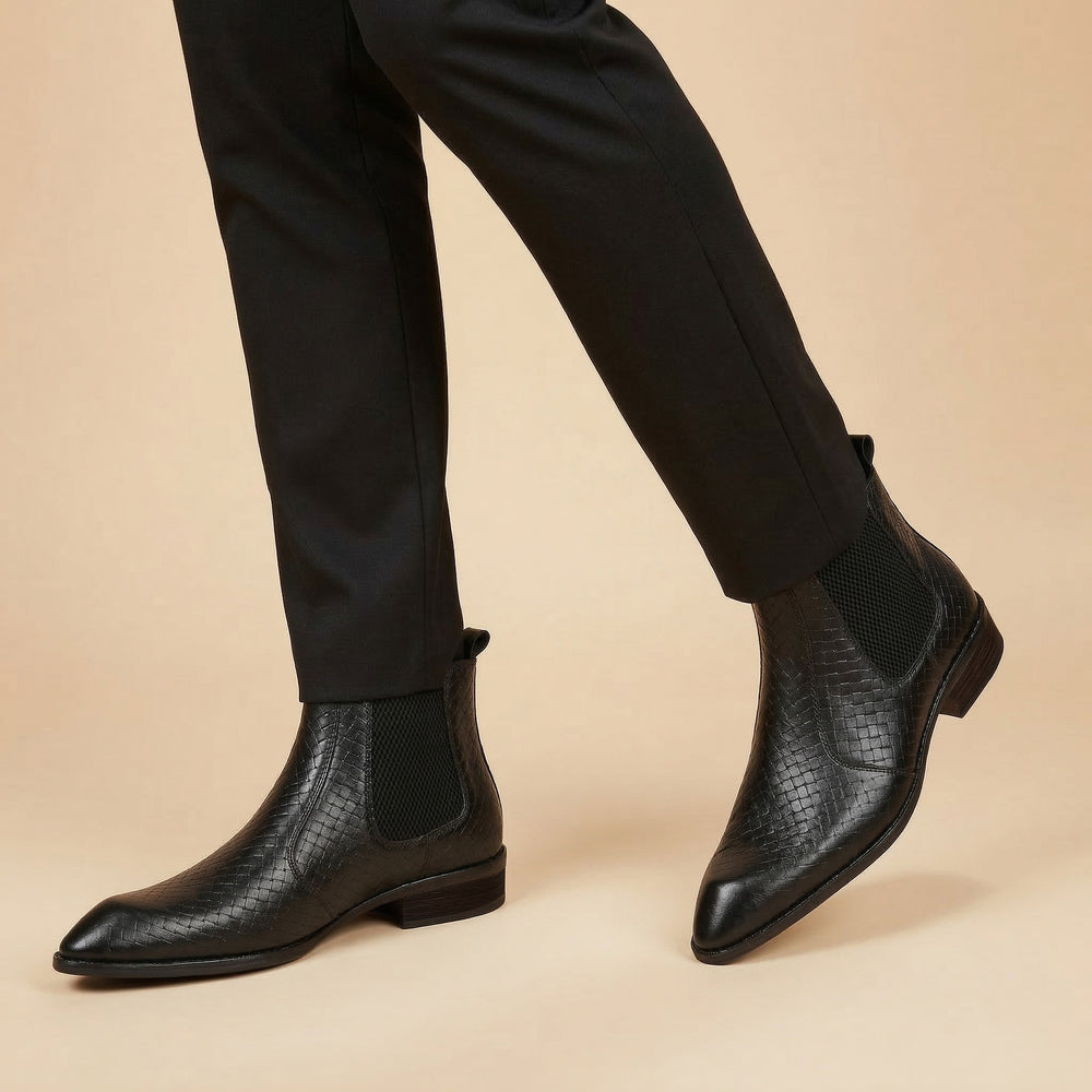 Hayes London | Kingsley Cuban Heel Boots – Black Textured Genuine Leather Men’s Boots (2.5-Inch Heel & Tapered Toe Design)
