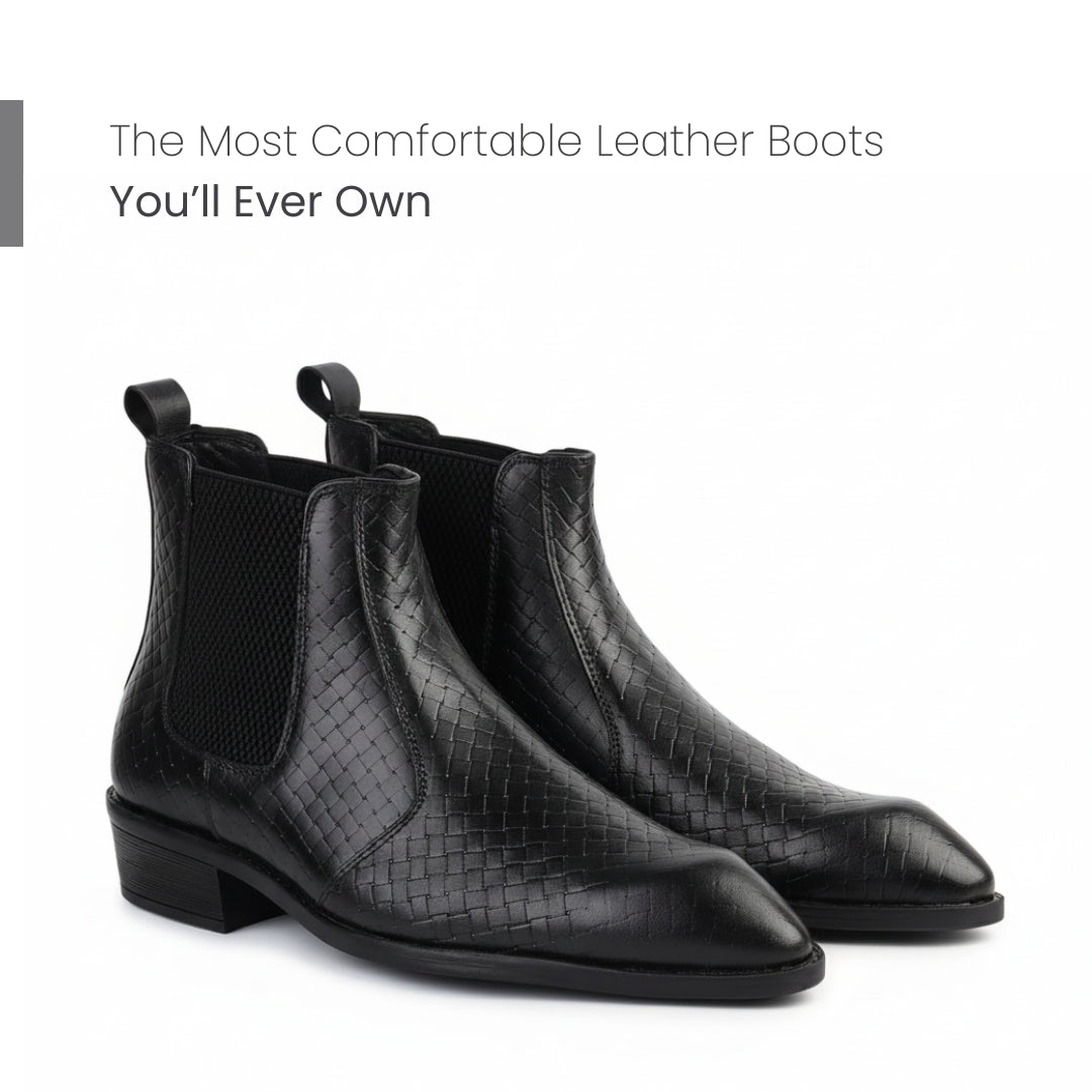Hayes London | Kingsley Cuban Heel Boots – Black Textured Genuine Leather Men’s Boots (2.5-Inch Heel & Tapered Toe Design)