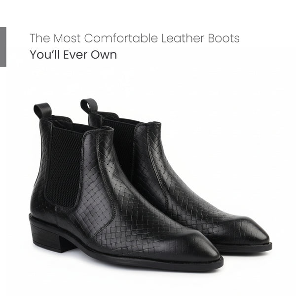 Hayes London | Kingsley Cuban Heel Boots – Black Textured Genuine Leather Men’s Boots (2.5-Inch Heel & Tapered Toe Design)