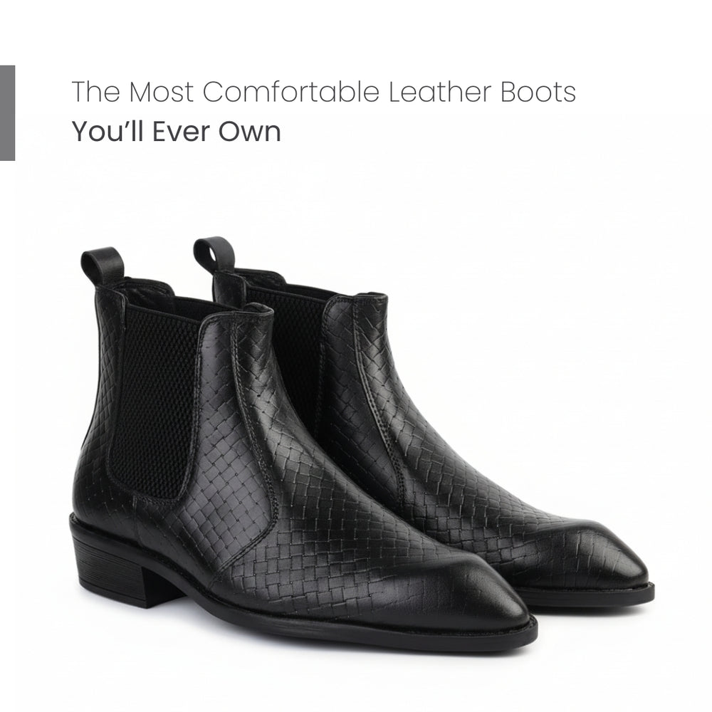 Hayes London | Kingsley Cuban Heel Boots – Black Textured Genuine Leather Men’s Boots (2.5-Inch Heel & Tapered Toe Design)