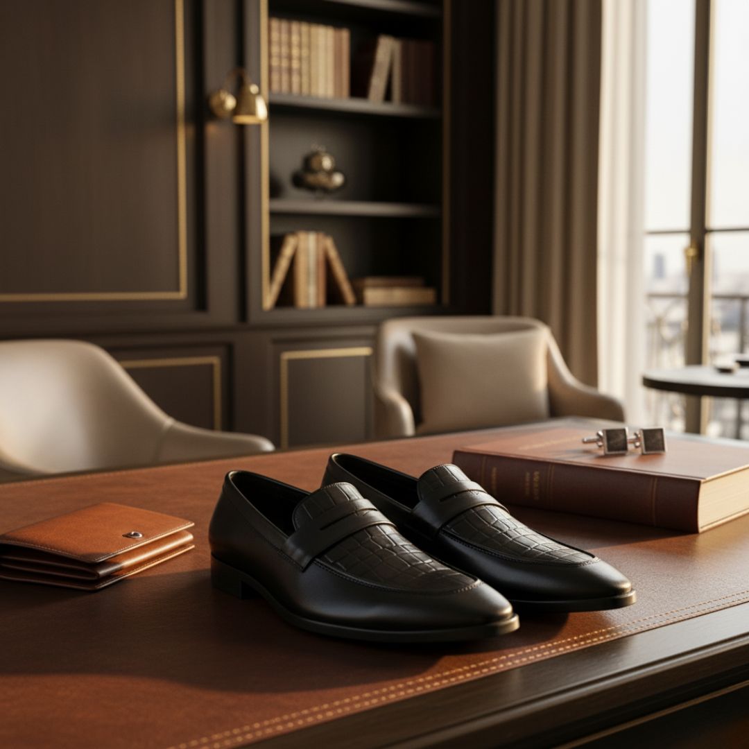 Hayes London | Milan Black Formal Penny Loafers for Men – Genuine Leather Croco Slip-On Shoes for Office & Party Wear