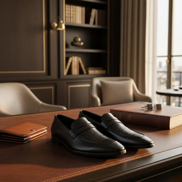 Hayes London | Milan Black Formal Penny Loafers for Men – Genuine Leather Croco Slip-On Shoes for Office & Party Wear