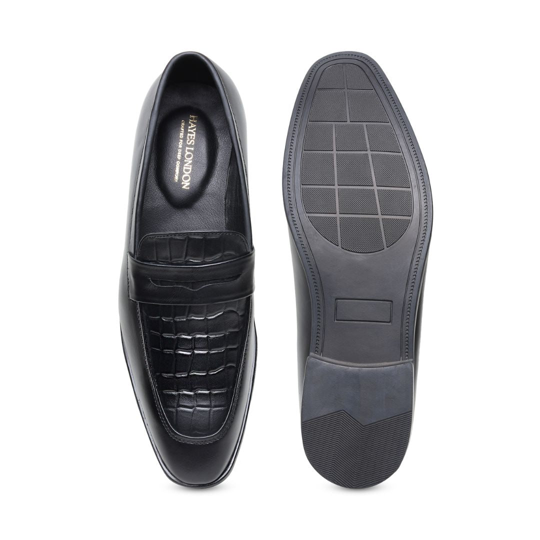 Hayes London | Milan Black Formal Penny Loafers for Men – Genuine Leather Croco Slip-On Shoes for Office & Party Wear