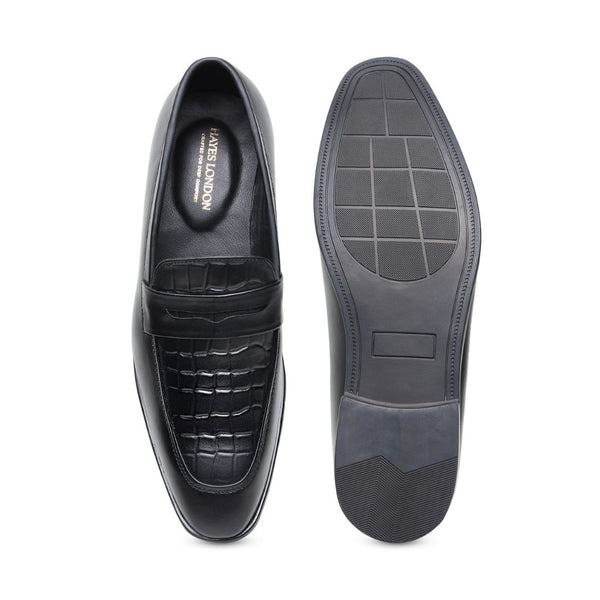 Hayes London | Milan Black Formal Penny Loafers for Men – Genuine Leather Croco Slip-On Shoes for Office & Party Wear