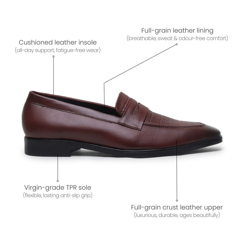 Hayes London | Milan Brown Formal Penny Loafers for Men – Genuine Leather Croco Slip-On Shoes for Office & Party Wear