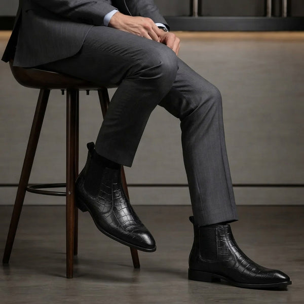 Hayes London | Pablo Cuban Heel Boots – Black Croco-Textured Genuine Leather Men’s Boots (2.5-Inch Heel & Tapered Toe Design)