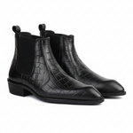 Pablo Cuban Heel Boots – Black Croco-Textured Genuine Leather Men’s Boots (2.5-Inch Heel & Tapered Toe Design)