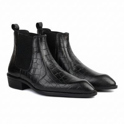 Hayes London | Pablo Cuban Heel Boots – Black Croco-Textured Genuine Leather Men’s Boots (2.5-Inch Heel & Tapered Toe Design)