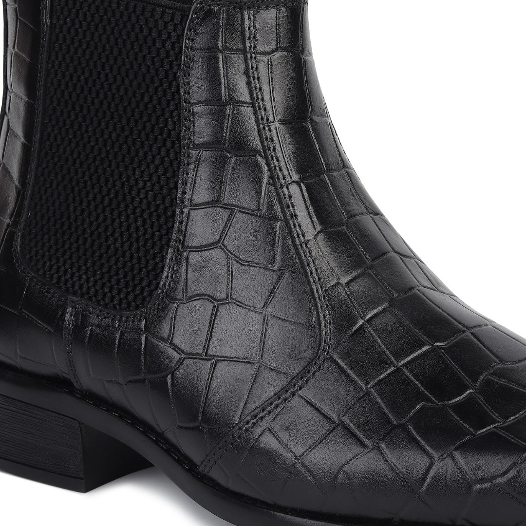 Hayes London | Pablo Cuban Heel Boots – Black Croco-Textured Genuine Leather Men’s Boots (2.5-Inch Heel & Tapered Toe Design)