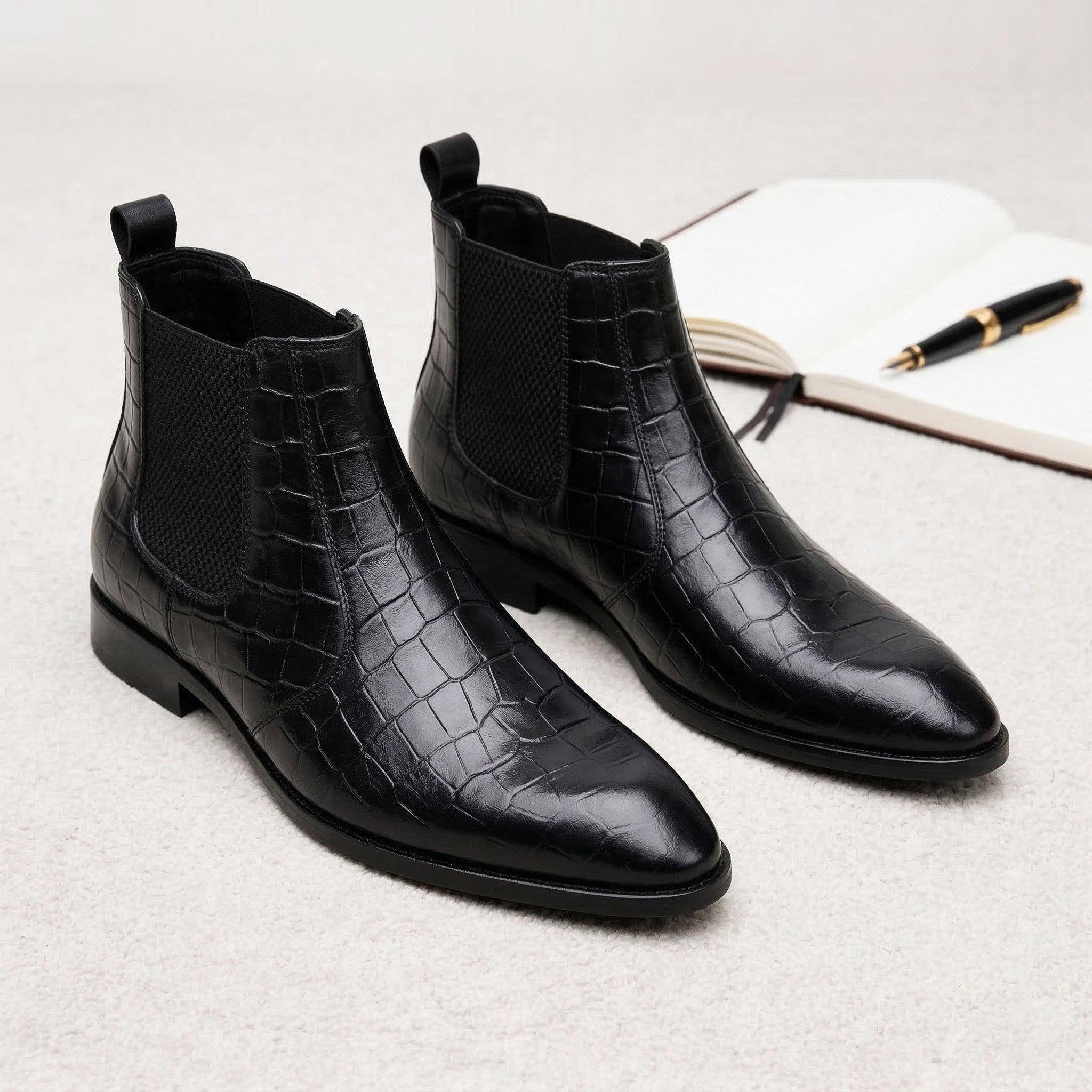 Hayes London | Pablo Cuban Heel Boots – Black Croco-Textured Genuine Leather Men’s Boots (2.5-Inch Heel & Tapered Toe Design)