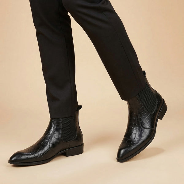 Hayes London | Pablo Cuban Heel Boots – Black Croco-Textured Genuine Leather Men’s Boots (2.5-Inch Heel & Tapered Toe Design)