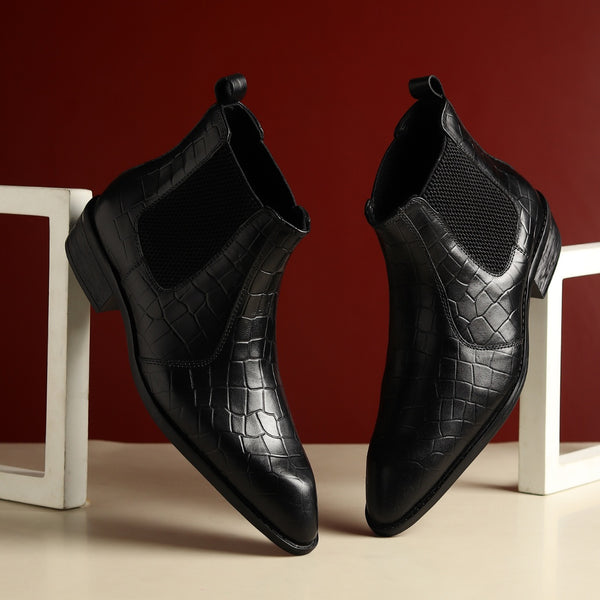 Hayes London | Pablo Cuban Heel Boots – Black Croco-Textured Genuine Leather Men’s Boots (2.5-Inch Heel & Tapered Toe Design)