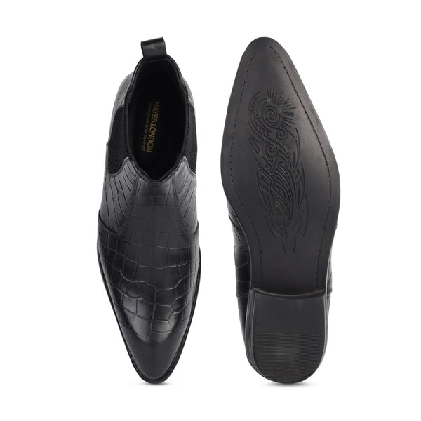 Hayes London | Pablo Cuban Heel Boots – Black Croco-Textured Genuine Leather Men’s Boots (2.5-Inch Heel & Tapered Toe Design)