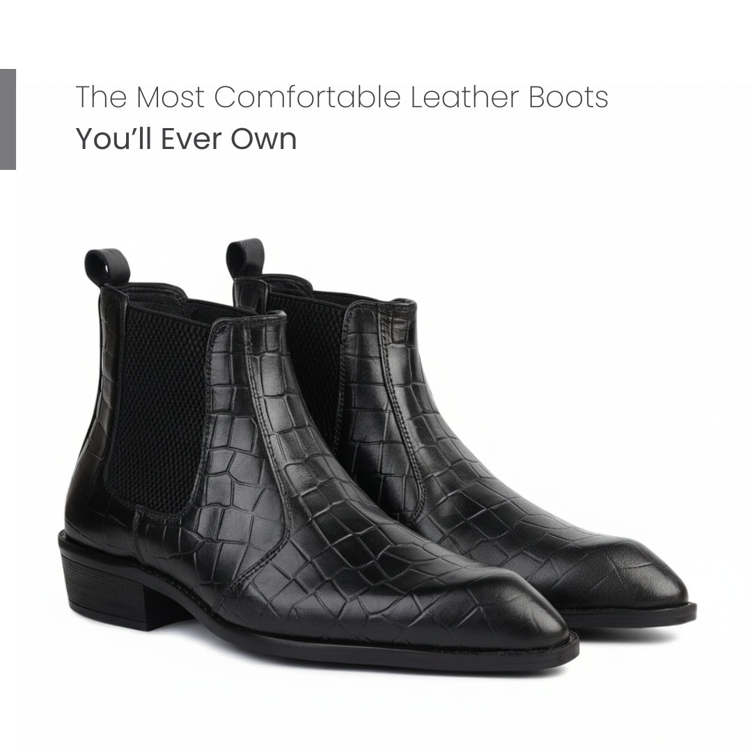 Hayes London | Pablo Cuban Heel Boots – Black Croco-Textured Genuine Leather Men’s Boots (2.5-Inch Heel & Tapered Toe Design)