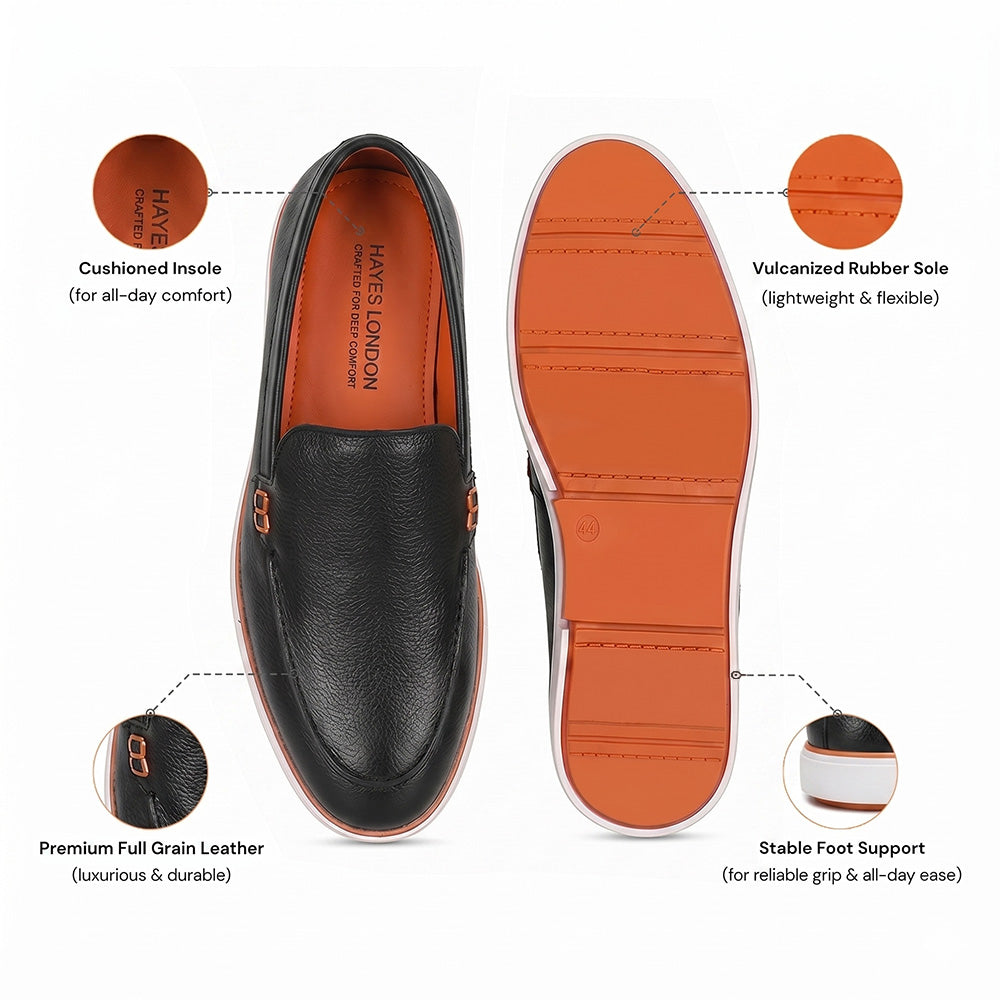 Hayes London | Rio Black - Genuine Leather Casual Loafer Shoes for Men – Smart, Breathable Summer-Walk Loafers