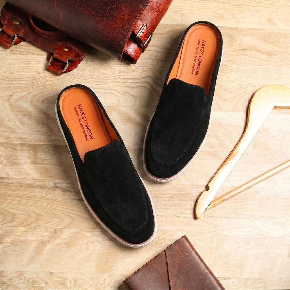 Hayes London | Riviera Ash Grey - Italian Suede Leather Backless Slip-On Mule Loafers for Men – Casual Summer-Walk Half Shoes