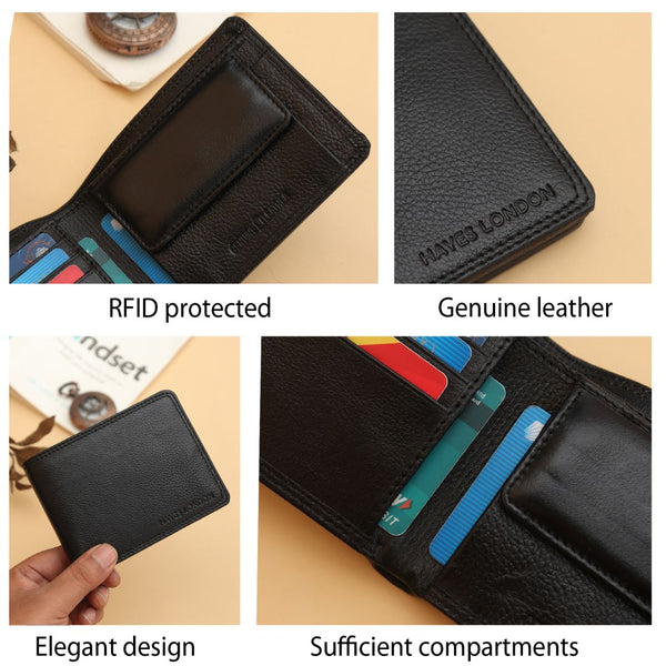 Hayes London | Hayes London Signature Black Genuine Leather Textured Wallet for Men - RFID Blocking, Slim Bifold Wallet with 8 Compartments