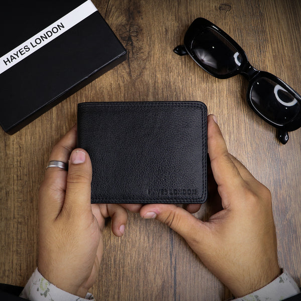 Hayes London | Hayes London Signature Black Genuine Leather Textured Wallet for Men - RFID Blocking, Slim Bifold Wallet with 8 Compartments