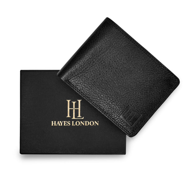 Hayes London | Hayes London Signature Black Genuine Leather Textured Wallet for Men - RFID Blocking, Slim Bifold Wallet with 8 Compartments