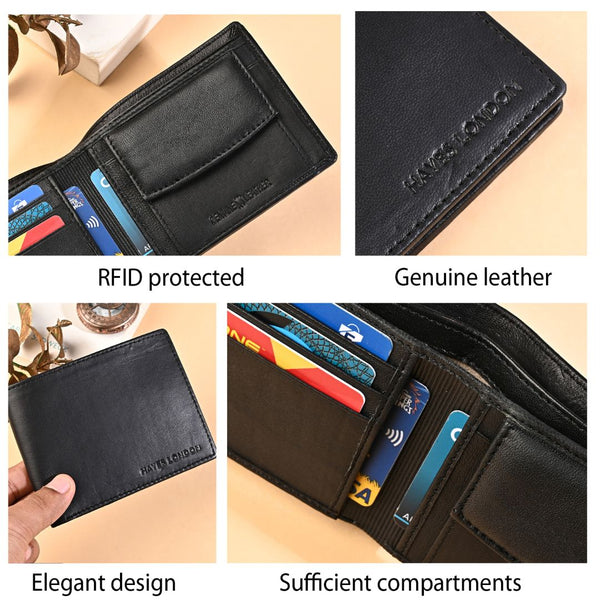 Hayes London | Hayes London Stud Black Genuine Leather Wallet for Men - RFID Blocking, Slim Bifold Wallet with 8 Compartments