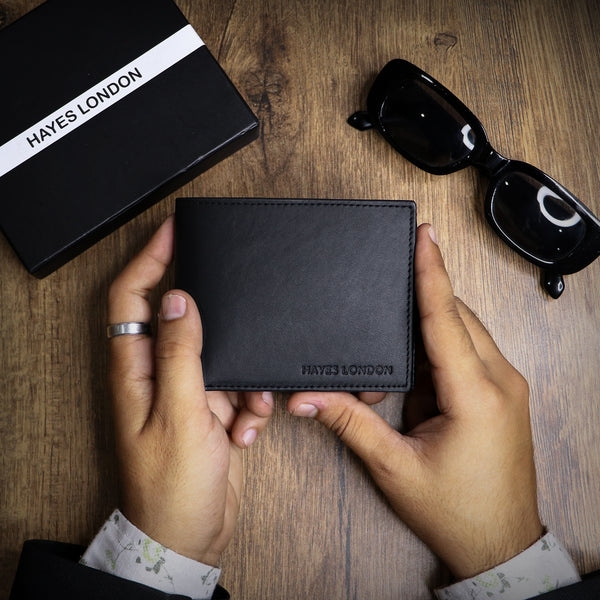 Hayes London | Hayes London Stud Black Genuine Leather Wallet for Men - RFID Blocking, Slim Bifold Wallet with 8 Compartments