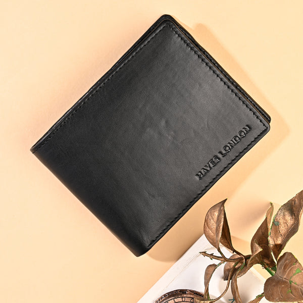 Hayes London | Hayes London Stud Black Genuine Leather Wallet for Men - RFID Blocking, Slim Bifold Wallet with 8 Compartments