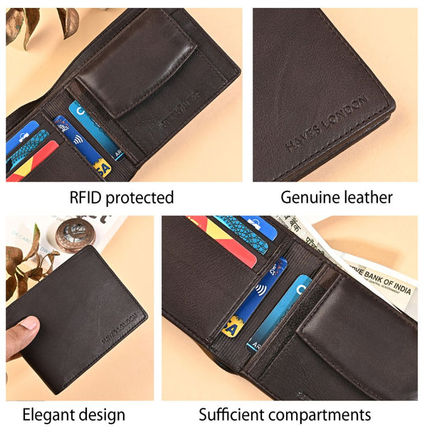 Hayes London | Hayes London Stud Brown Genuine Leather Wallet for Men - RFID Blocking, Slim Bifold Wallet with 8 Compartments