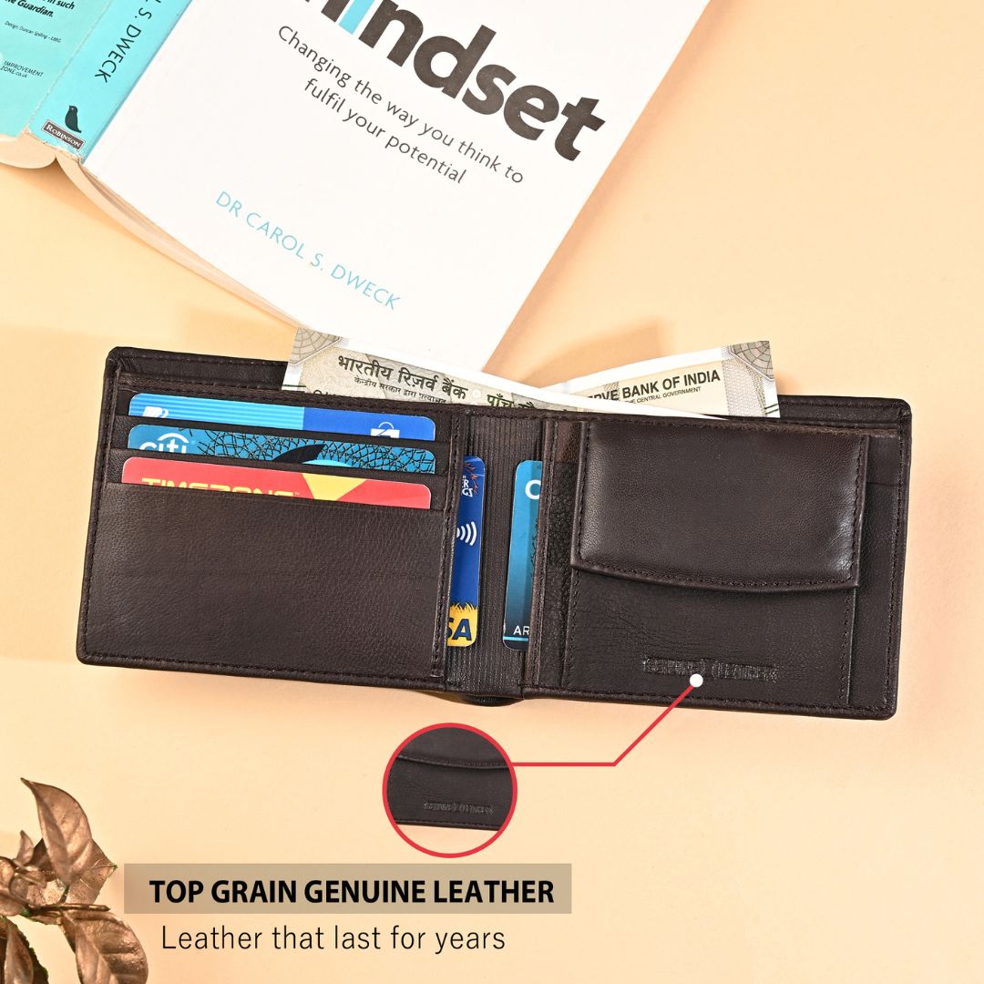 Hayes London | Stud Brown Genuine Leather Wallet for Men - RFID Blocking, Slim Bifold Wallet with 8 Compartments