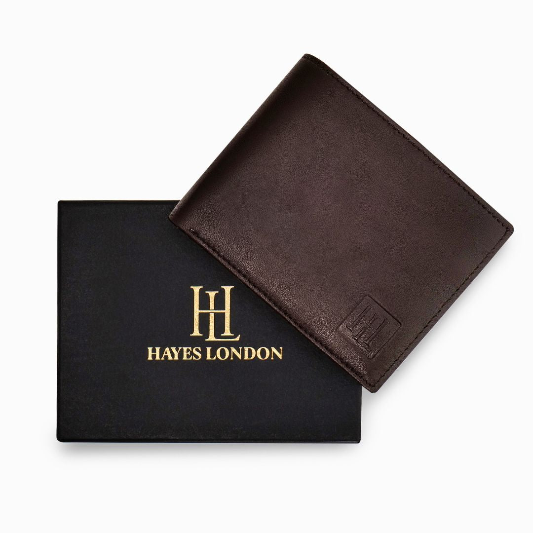 Hayes London | Stud Brown Genuine Leather Wallet for Men - RFID Blocking, Slim Bifold Wallet with 8 Compartments
