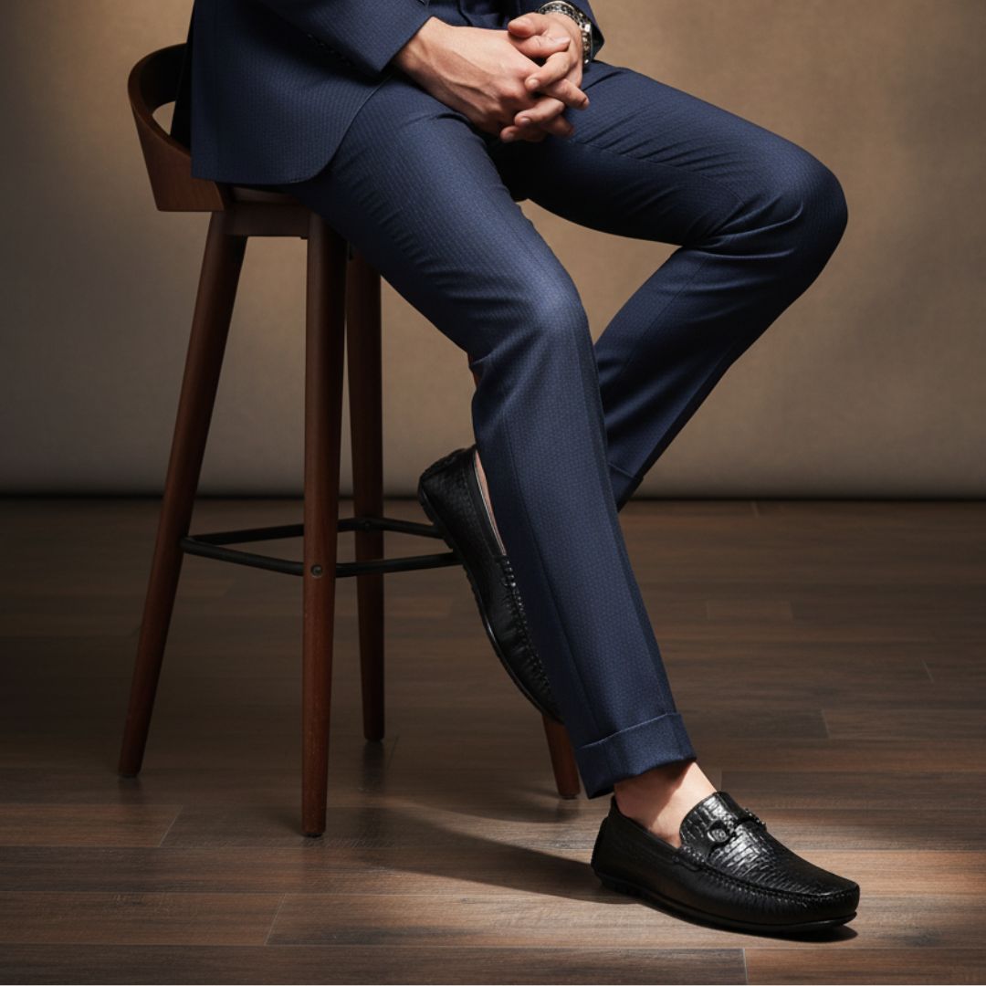 Hayes London | Torque Driving Loafers – Black Woven Embossed Genuine Leather Men’s Shoes