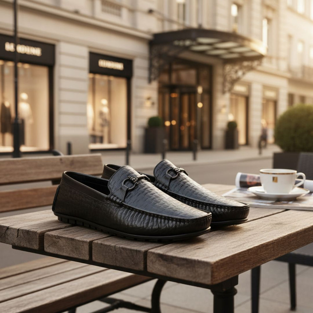 Hayes London | Torque Driving Loafers – Black Woven Embossed Genuine Leather Men’s Shoes