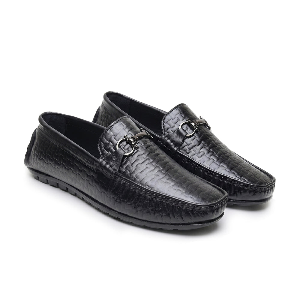 Hayes London | Torque Driving Loafers – Black Woven Embossed Genuine Leather Men’s Shoes